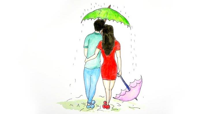aşık çift çizim modeli, kırmızı elbise, mavi ve yeşil pantolon ve gömlek, yeşil ve pembe şemsiye, yağmurda yürüyen çift