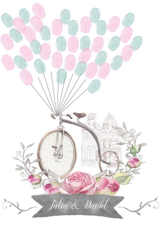 lepa risba s kolesom in šopek vrtnic za dopolnitev s šopkom balonov v odtisih gostov na posebnem dogodku