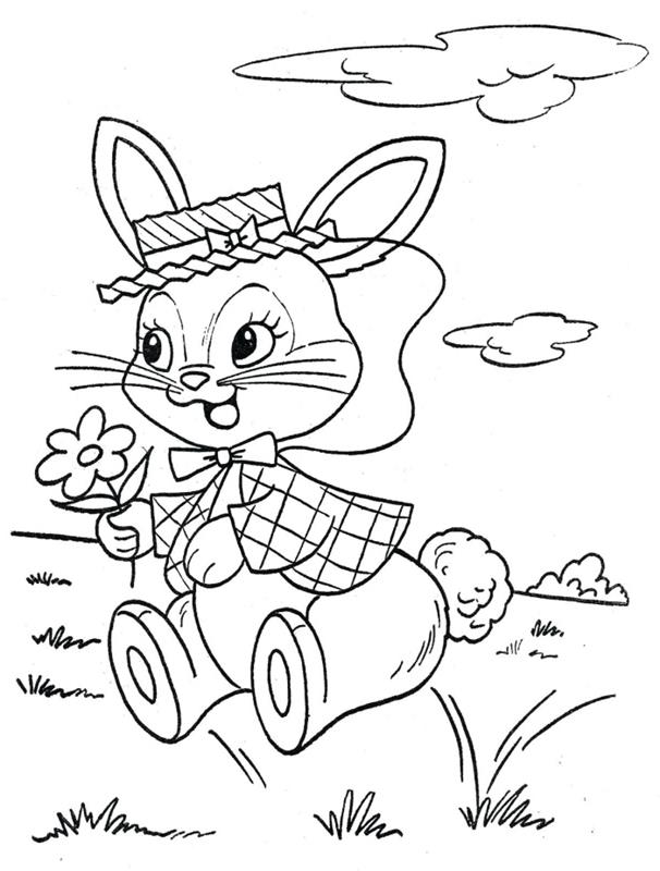 paskalya tavşanı çizimi renklendirmesi kolay, doğada tavşanlı Paskalya temasında çocuklar için basit boyama fikri