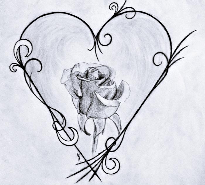 primer risbe črno-bele rože, zamisel, kako narediti izvirno risbo s polovično odprto vrtnico v središču srca