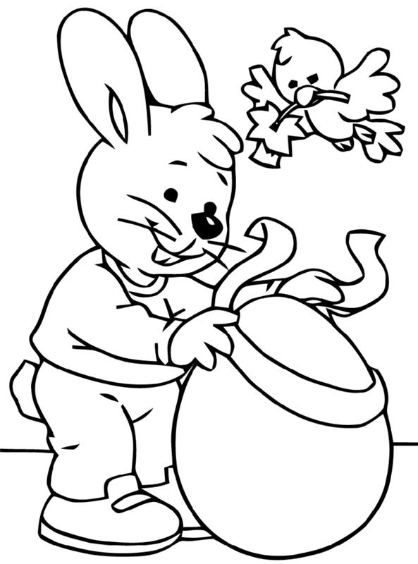 Çocuk için Paskalya boyama sayfası, erkek giysileri giymiş tavşanlı kolay boyama çizim deseni