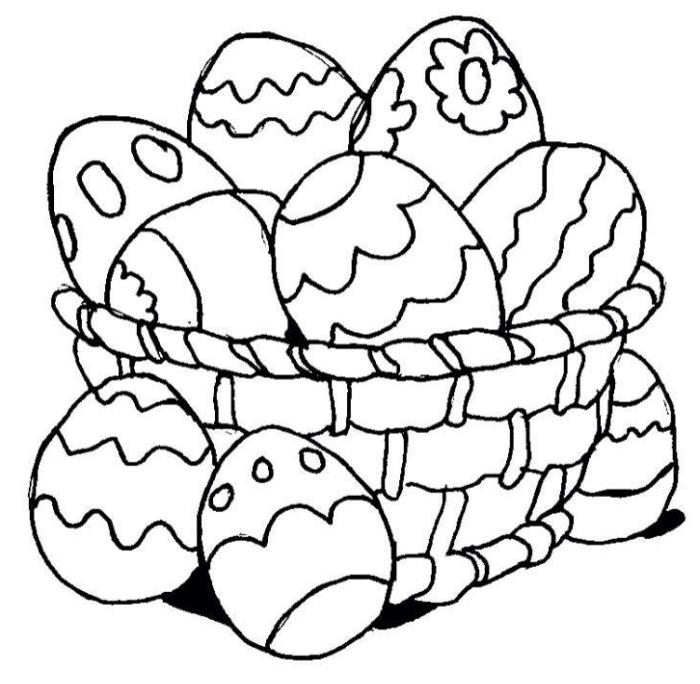 lengvas darželio dažymas Velykoms, paprastas piešinys su velykiniu krepšeliu ir kiaušiniais
