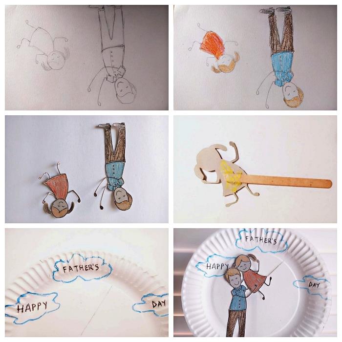 karton tabaklar ile kendin yap anaokulu babalar günü, baba ve kızının sevimli çizimi ile bir tabak süsleyin