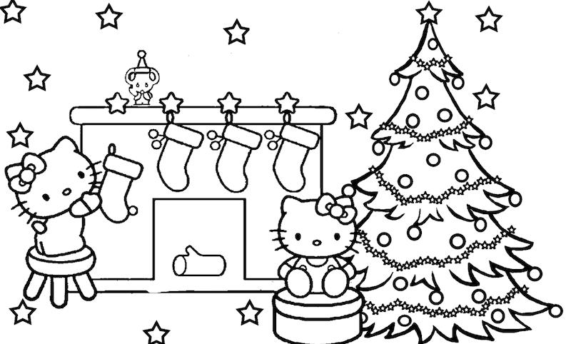 spalvotas sveikos katytės piešinys, kuris ruošia kalėdinę dekoraciją su židiniu ir medžiu