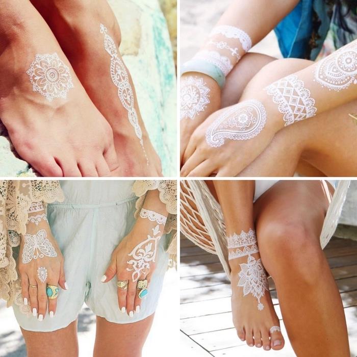 kokia chna tatuiruotės vieta, mažas baltos mandalos dizainas ant moters pėdos, laikina kūno meno idėja balta spalva