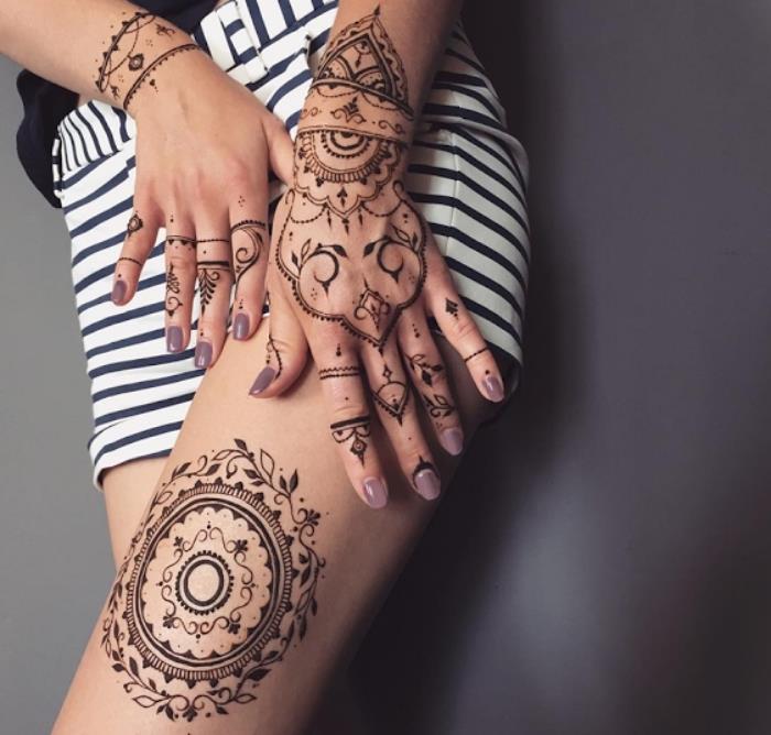 vzorec kane, začasna tetovaža za ženske, risanje na nogah in rokah z etničnimi motivi