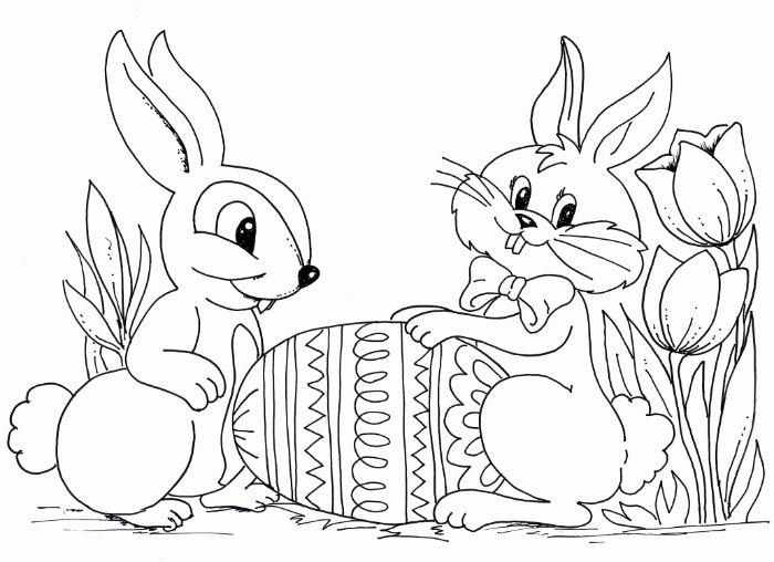 velikonočni risalni model za tiskanje in barvanje, veverica in zajec ter velikonočno jajce in rože naokoli