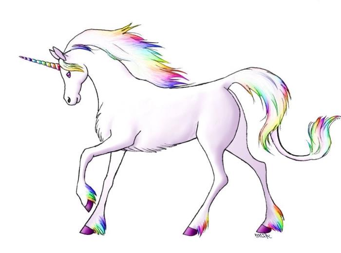 Gökkuşağı renklerinde yelesi ve toynakları olan zarif bir tek boynuzlu at çizmek bir jambette yapmak