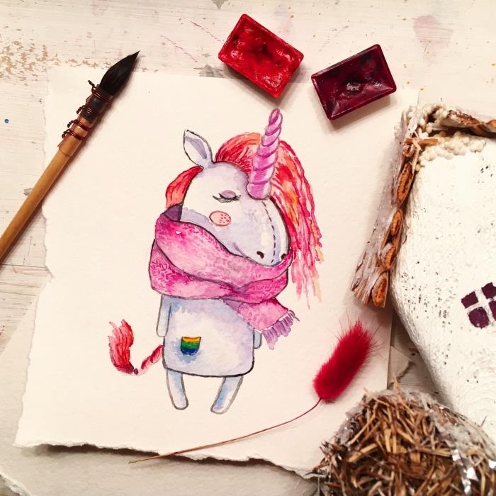 kırmızı ve mor tonlarında yelesi ve kuyruğu olan pembe bir eşarp takan küçük bir tek boynuzlu at ile sonbahar çizimi