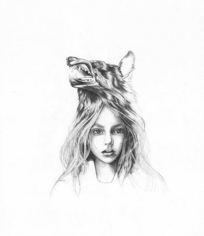 podrobna in realistična risba glave dekleta z uporniškimi lasmi s klobukom na glavi volka
