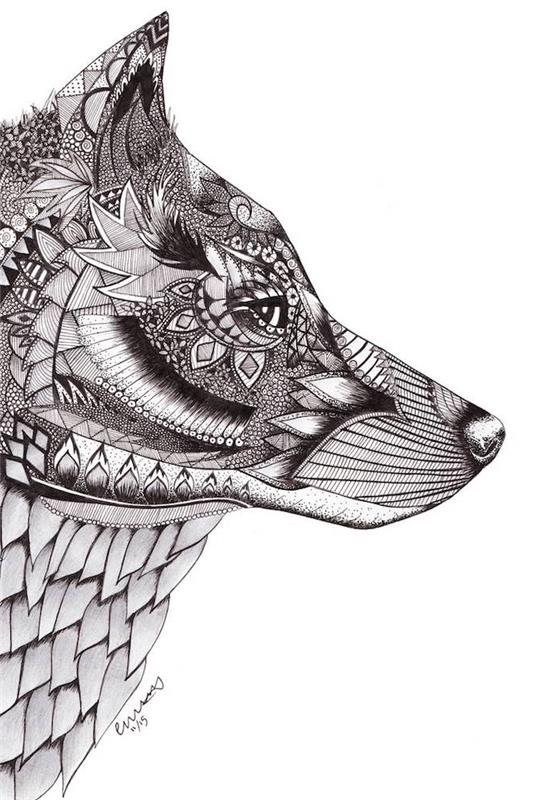 oblikovanje mandale, majhni cvetlični in geometrijski detajli, narisani na volkovi glavi, ideja za mandalo za tiskanje