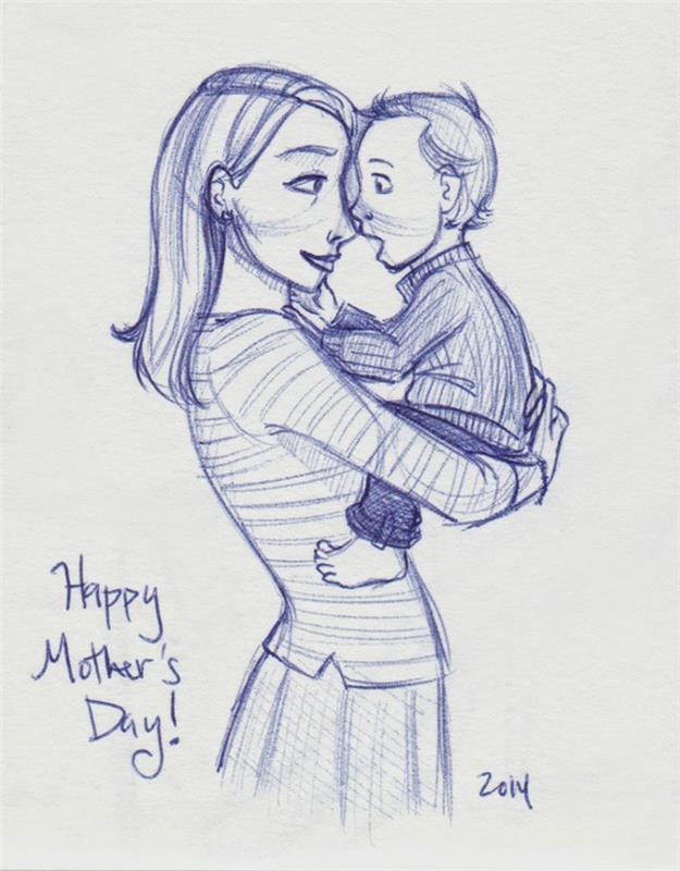 Piešimas su mėlynu rašikliu vaikas ir jo mama vaizduoja Motinos dieną, piešinį, skirtą Motinos dienai atsekti