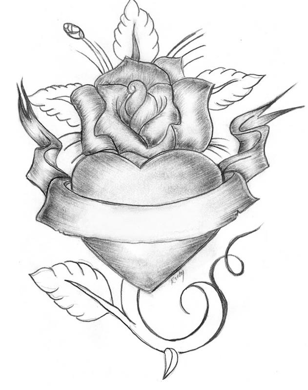 etrafında bir çiçek ve bir kurdele ile kalp çizme fikri, siyah beyaz orijinal dövme çizme fikri