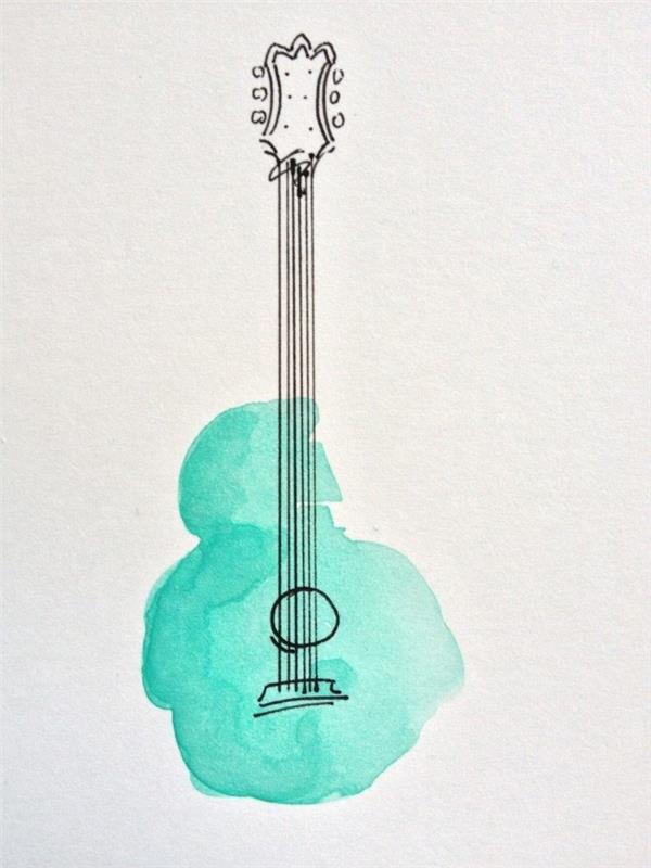 akvarelna risba, ki združuje dve slikarski tehniki, minimalistično risbo kitare v flomastru, obarvano v akvarelu