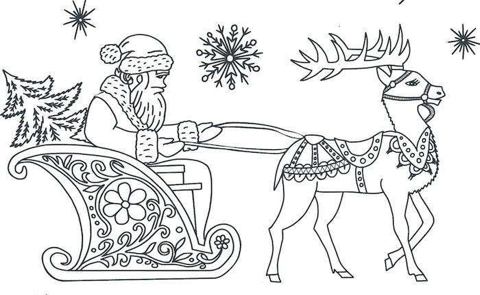 Kalėdų Senelio ant rogių spalvinimo puslapis, kurį Kūčių vakarą ištraukė elniai, norėdami išdalinti dovanas geriems vaikams
