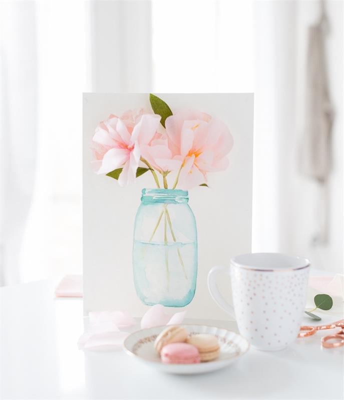 Darilo za 3d risbo vaze za rože z rožnatimi papirnatimi cvetnimi lističi, darilo za rojstni dan žene