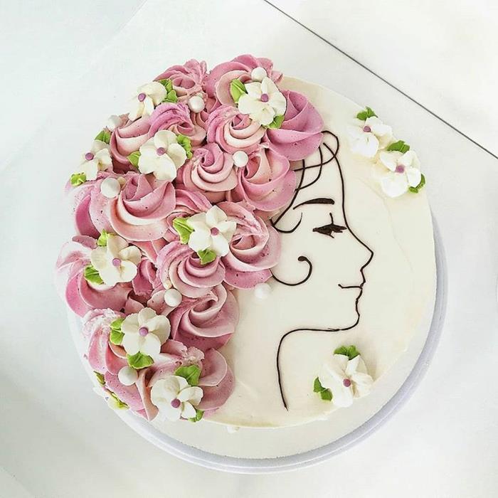 Kadın için yetişkin doğum günü pastası dekorasyonu için kremalı çiçekli saç, kadın portresi için orijinal yetişkin doğum günü pastası