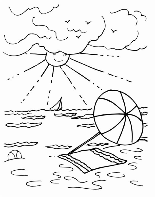 çocuk için çizim illüstrasyon renklendirmesi kolay şemsiye plaj kum havlusu dalga deniz güneş bulutlar kuş manzara tatil