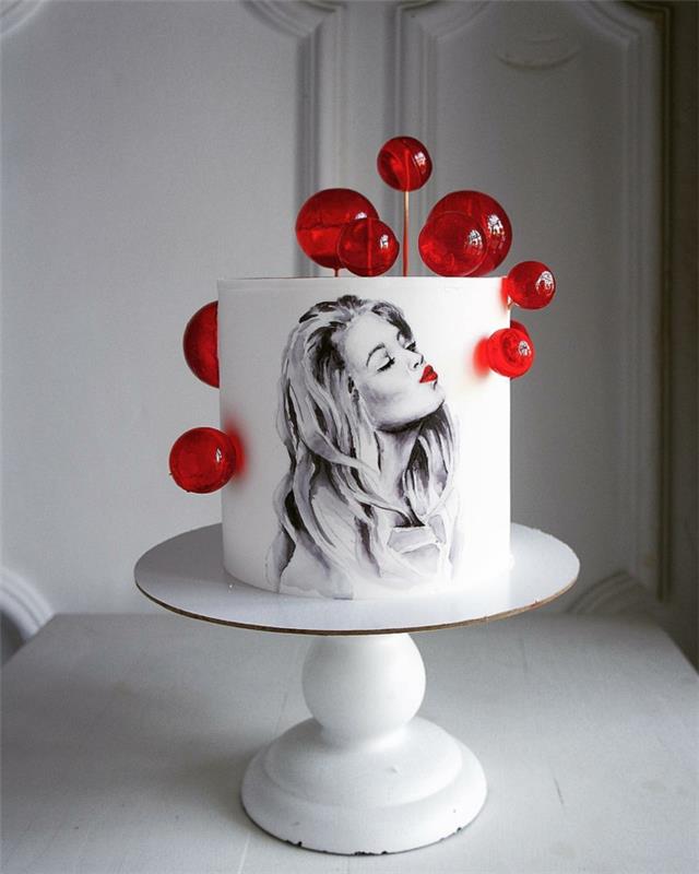 En iyi yetişkin kadın doğum günü pastası orijinal, kadın pasta süsleme portre çizimi ve şeker balonları