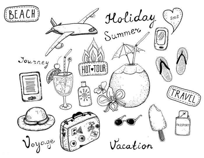 çizim tatil yaz seyahat uçak şapka güneş kokteyli macera yaz sezonu parmak arası terlik dondurma güneş gözlüğü pasaport illüstrasyon