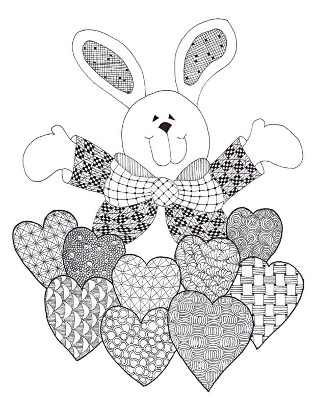 Yazdırmak için Paskalya boyama şablonu, çocuklar için boyama çizimi, büyük tavşanlı ve kalpli yazdırılabilir kart
