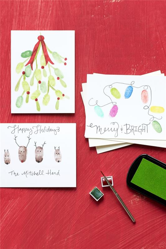 Noel partileri için kolay kağıt süsleme tekniği, çocuklar için Noel etkinliği, çocuk çizimleri ve baskıları ile Noel kartı scrapbooking tebrik kartı şablonu