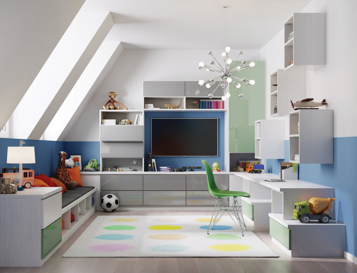 Habitación infantil con geometría inusual.