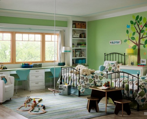 Colore verde e turchese all'interno della stanza dei bambini