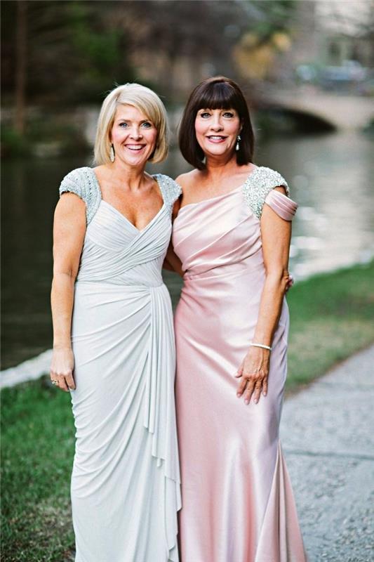 du oficialūs vestuvinių suknelių modeliai, imperijos juosmens nuotakos motina suknelės pasteliniais tonais su dangteliu rankovėmis