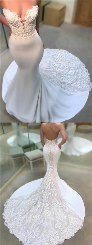 undinė vestuvinė suknelė, undinė vestuvinė suknelė, vestuvinė suknelė arti kūno, apatinė dalis ventiliatoriuje, dalis permatomų baltų nėrinių išilgai nugaros ir traukinyje