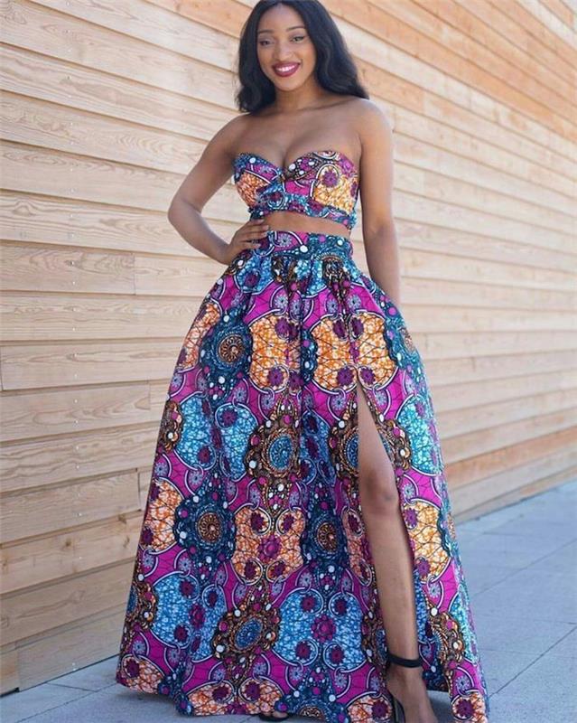 Bustier crop top ir platėjantis etninis sijonas, moderni afrikietiška nugarinė, graži ilga vasaros suknelė, ilga gėlių bohemiška suknelė, stilinga moteris
