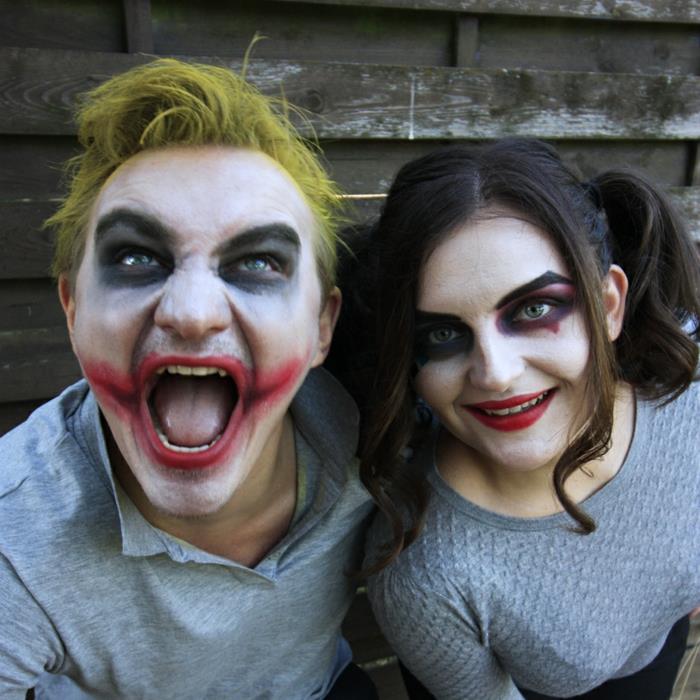 pigus poros kostiumas, jauna vampyrų pora, sukurta Helovinui, geltoni plaukai, pilki marškinėliai