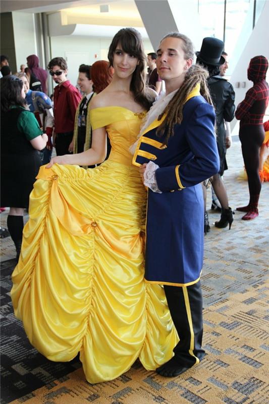 „Beauty and the Beast“ stiliaus senovinės poros kostiumas, geltona suknelė, mėlynas kostiumas