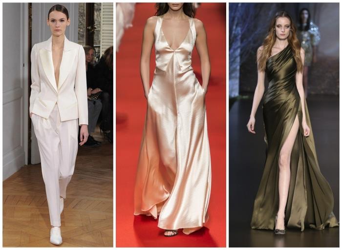 2019 sonbahar kış saten modası, sonbahar kış 2019 2020 trendleri, beyaz saten takım elbise, şampanya saten uzun elbise, koyu yeşil yırtmaçlı uzun elbise