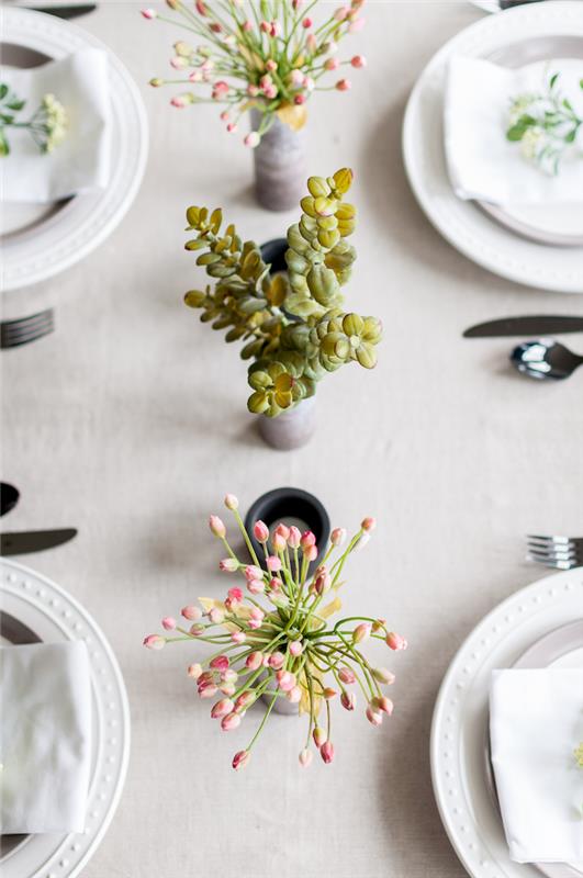 nastavitve mize, šopki sukulentov, šopki cvetja, ideje za dekoracijo mize, cementne vaze