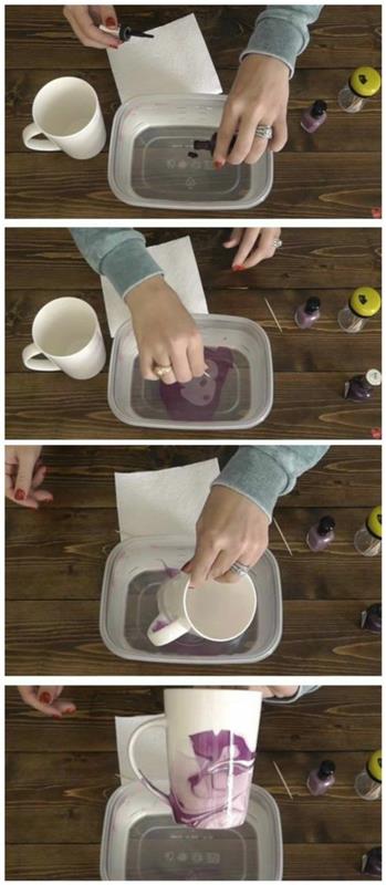 Dekore una tazza, bacinella con acqua e smalto, öğretici dipingere tazza