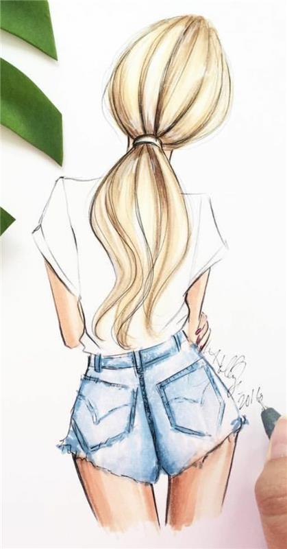 Disegni facili da riprodurre, ragazza con capelli biondi, disegno con matite colorate