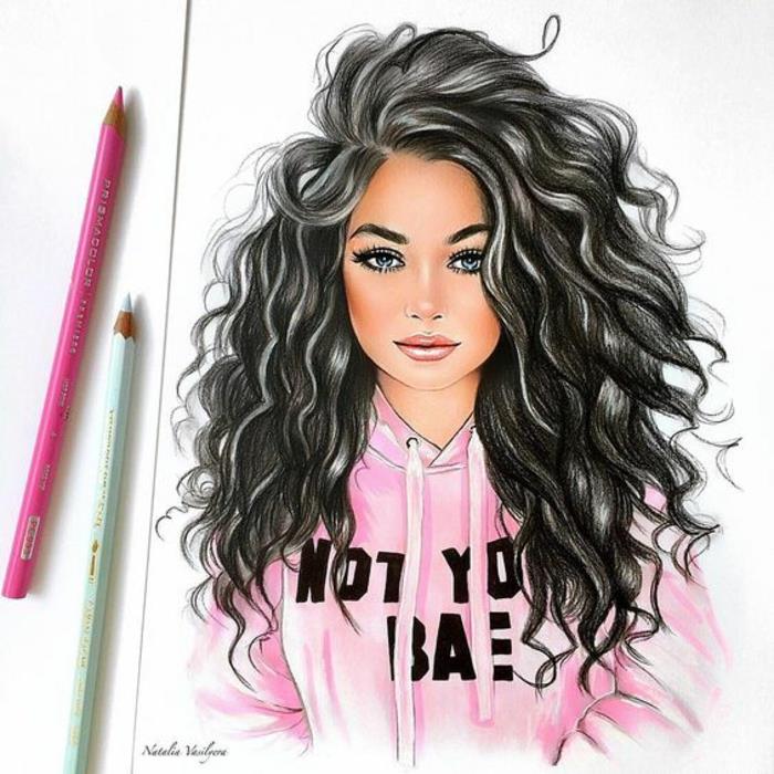 Ateikite susirgti bene una persona, ragazza con capelli ricci, disegno a matita