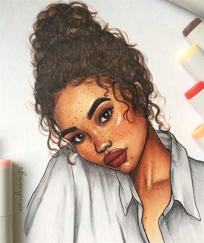 Donna con capelli ricci, disegni di donna bellissime, acconciatura capelli legati