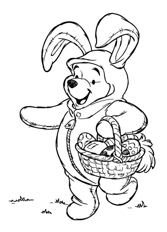 Disney teması üzerine Paskalya çizimi, çocuklar için komik boyama illüstrasyonu, yumurta sepetli Winnie the Pooh boyama sayfası