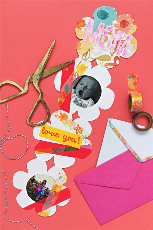 çocuklarla yapmak için bir anaokulu anneler günü kartı, fotoğraflı akordeon çiçek kartı ve güzel maskeleme bandı dekorasyonu