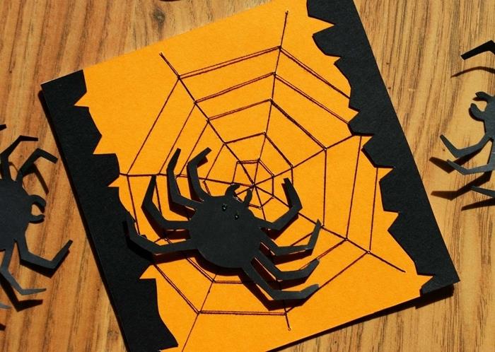diy kart halloween turuncu kart stoğu sınır siyah folyo 3d örümcek heykelcik gözler siyah boncuklar örümcek ipliği