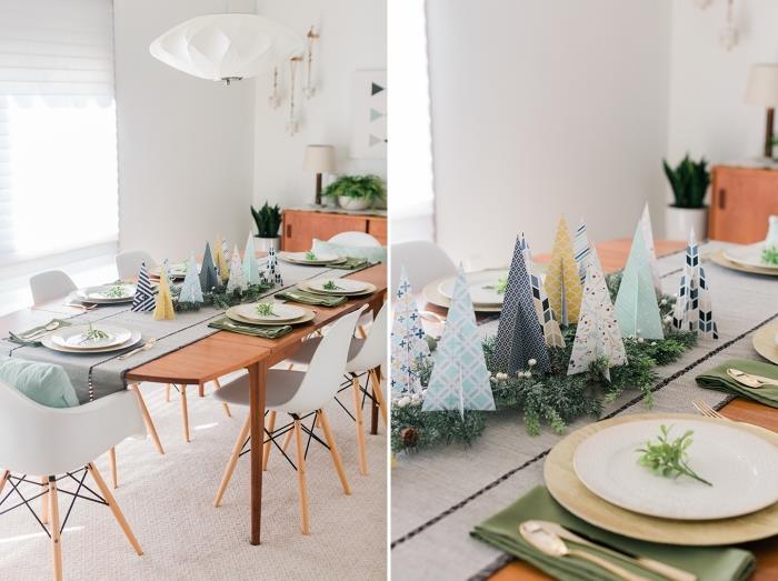 Kalėdinės dekoracijos, kurias galite padaryti patys, turėdami mažą biudžetą, Kalėdų stalo išdėstymas su eglių šakomis ir origami popierinėmis eglutėmis