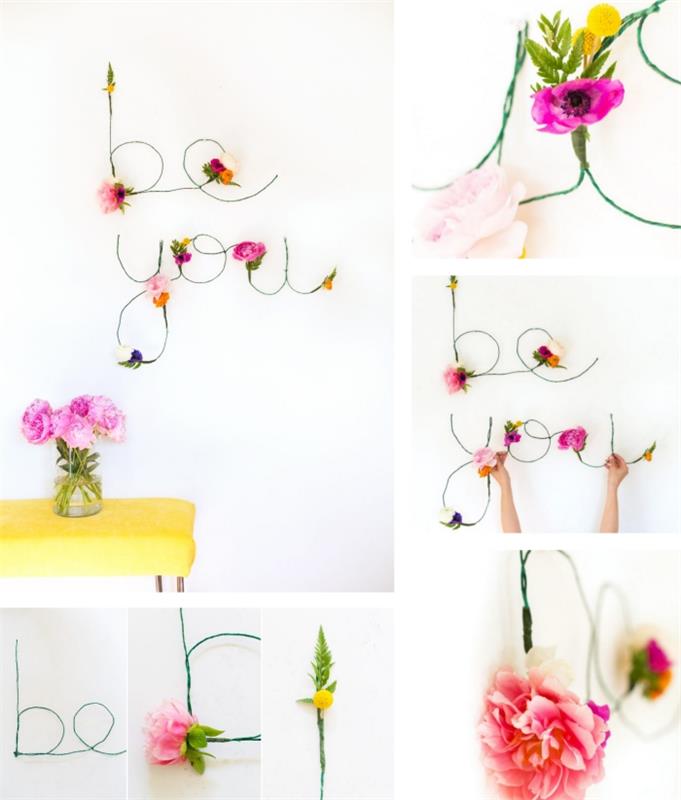 tel ve çiçek desenli harf şeklinde genç kız odası dekorasyonu, taze çiçeklerle dekorasyon nasıl yapılır