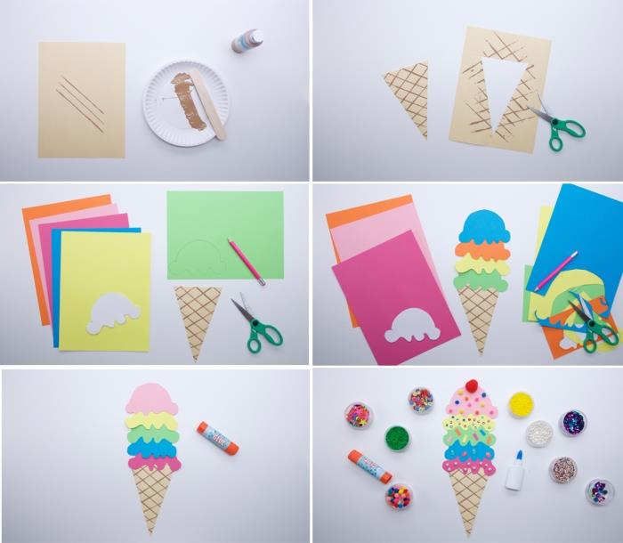 farklı renklerde karton dondurma şekli yapmak için kolay öğretici, anaokulu zanaat etkinliği fikri