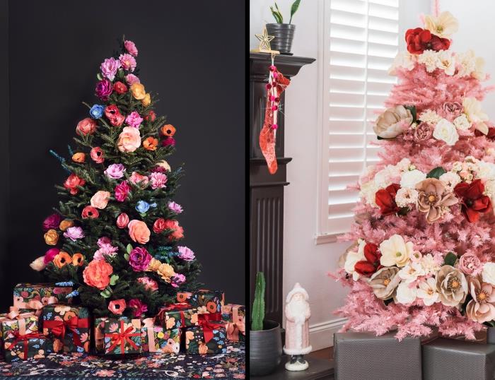 Kağıt çiçek süslemeli Noel ağacı trendi 2019, beyaz ve kırmızı çiçekli pembe dallı yapay ağaç modeli