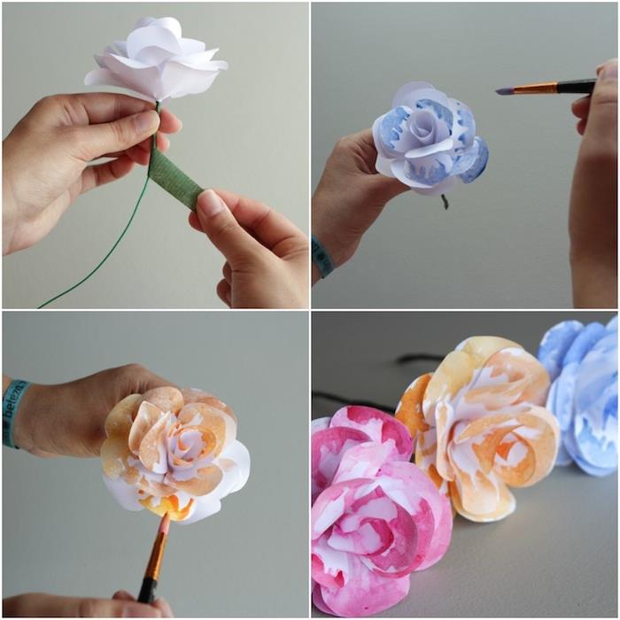 kolay kağıt çiçek modeli, beyaz yapraklar ve çiçekçi bandına sarılmış tel sap, yaprakları boyama