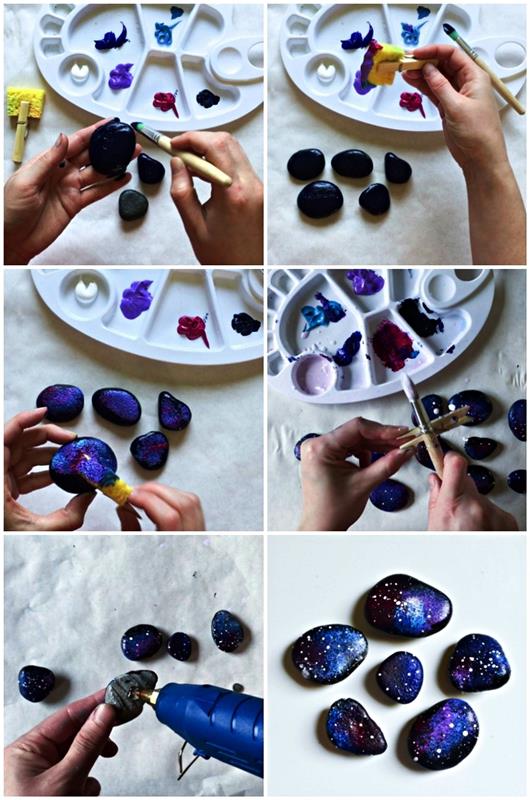 Yeni yürümeye başlayan çocuklar için kendin yap Babalar Günü öğreticisi, galaksinin renklerine boyanmış kişiselleştirilmiş çakıl taşları ve mıknatıslar yapın