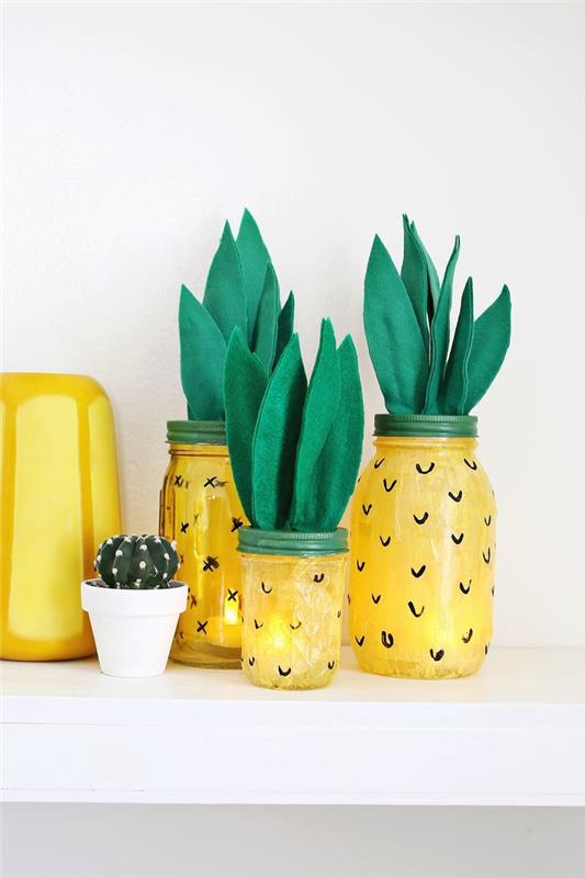 atgaivinkite dekorą ananasų staline lempa, pagaminta iš dažyto stiklainio ir veltinio lakštų