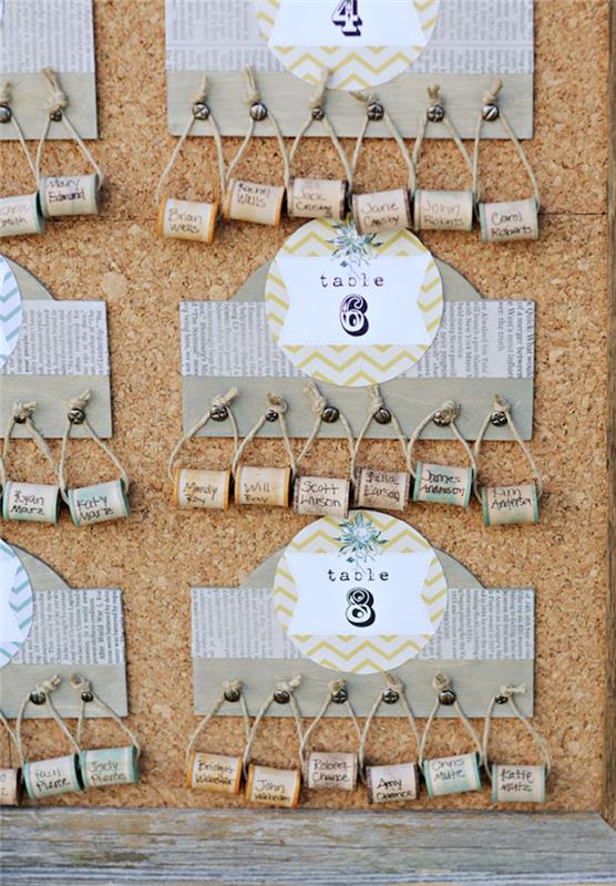 „pasidaryk pats“ vestuvių kūrybinio stalo planas, pagamintas iš popieriaus ir kamštelių su svečių vardais